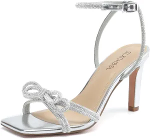 Women's Square Toe Rhinestone Sandals Adjustable Ankle Strappy and Double Bowknots High Heels 3 Inches Bridal Wedding Party prom Slingback Heels sparkly Comfort Shoes for Women