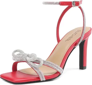 Women's Square Toe Rhinestone Sandals Adjustable Ankle Strappy and Double Bowknots High Heels 3 Inches Bridal Wedding Party prom Slingback Heels sparkly Comfort Shoes for Women