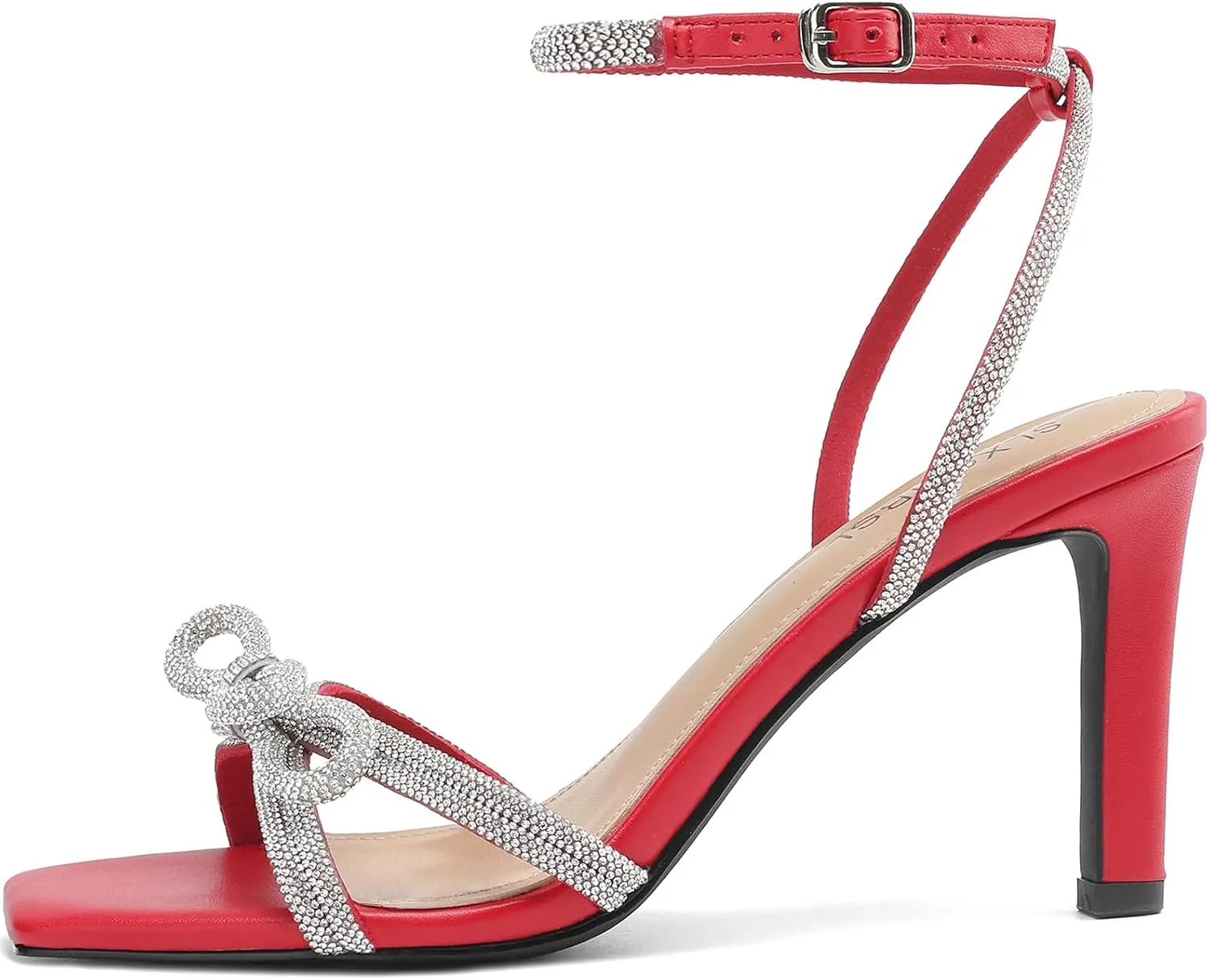 Women's Square Toe Rhinestone Sandals Adjustable Ankle Strappy and Double Bowknots High Heels 3 Inches Bridal Wedding Party prom Slingback Heels sparkly Comfort Shoes for Women