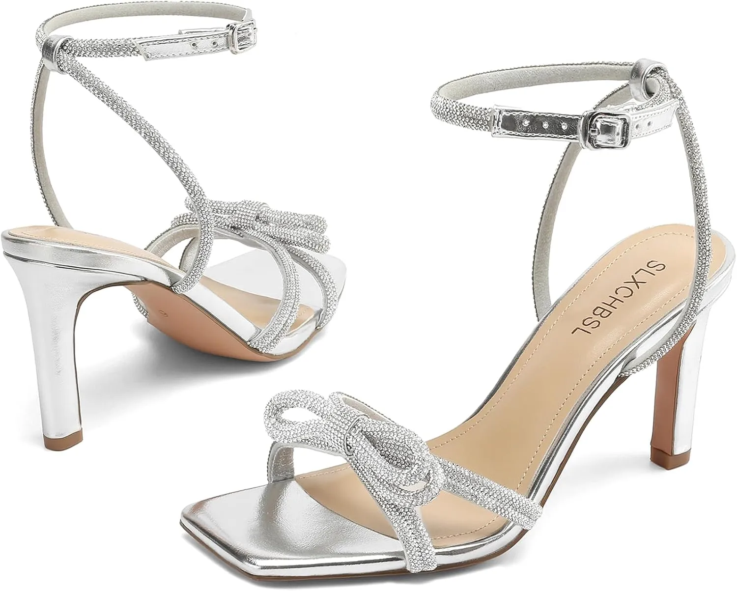 Women's Square Toe Rhinestone Sandals Adjustable Ankle Strappy and Double Bowknots High Heels 3 Inches Bridal Wedding Party prom Slingback Heels sparkly Comfort Shoes for Women