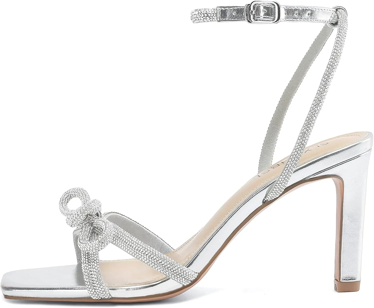 Women's Square Toe Rhinestone Sandals Adjustable Ankle Strappy and Double Bowknots High Heels 3 Inches Bridal Wedding Party prom Slingback Heels sparkly Comfort Shoes for Women