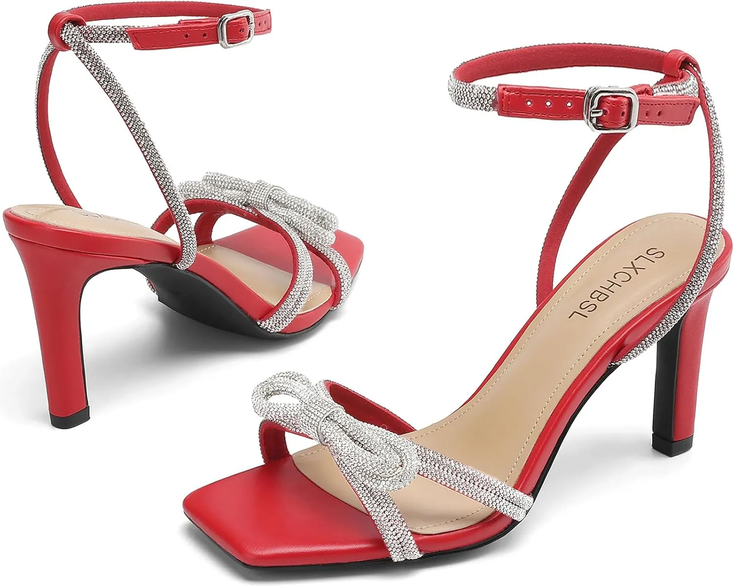 Women's Square Toe Rhinestone Sandals Adjustable Ankle Strappy and Double Bowknots High Heels 3 Inches Bridal Wedding Party prom Slingback Heels sparkly Comfort Shoes for Women