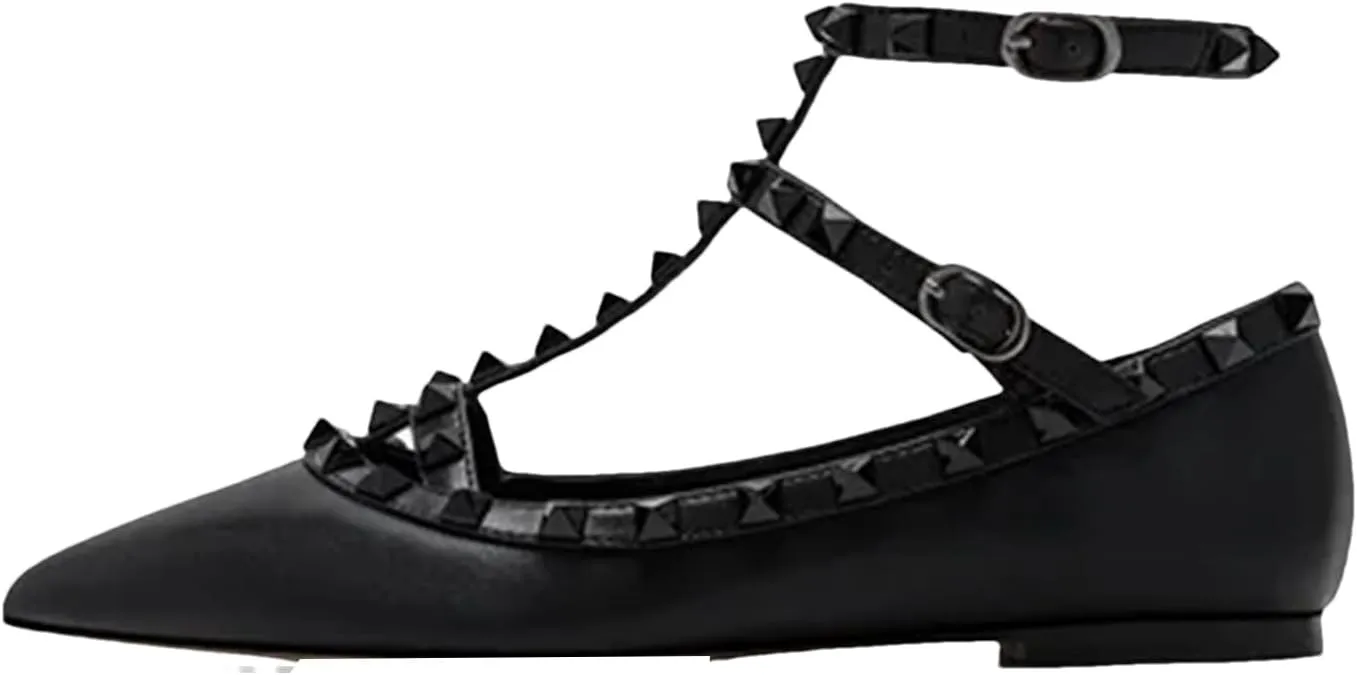 Women's T-Strap Studded Sandals, Pointy Toe Gold/Silver Flat Leather