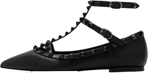 Women's T-Strap Studded Sandals, Pointy Toe Gold/Silver Flat Leather