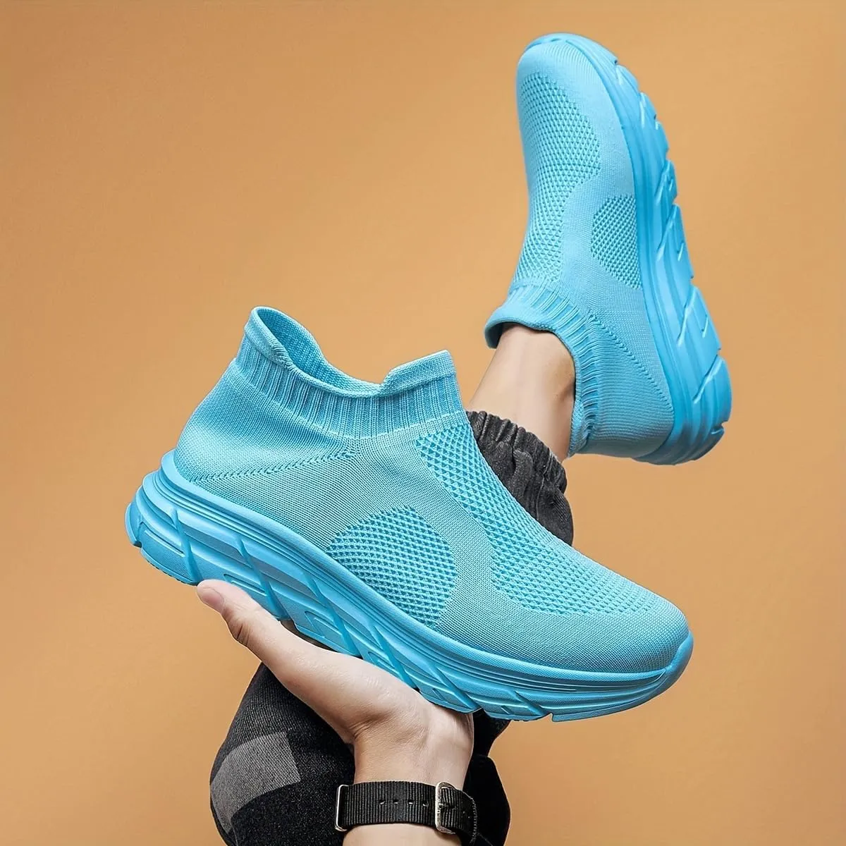Women's Trendy Solid Woven Knit Sock Shoes, Comfy Non Slip Breathable Soft Sole Sneakers for Women Outdoor Activities