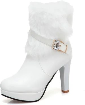 Women's Winter Fur Lined Platform High Heels Ankle Boots With Rhinestones Belt Buckle Warm Plush Side Zipper Fashion Chunky High Heel Round Toe Santa Booties