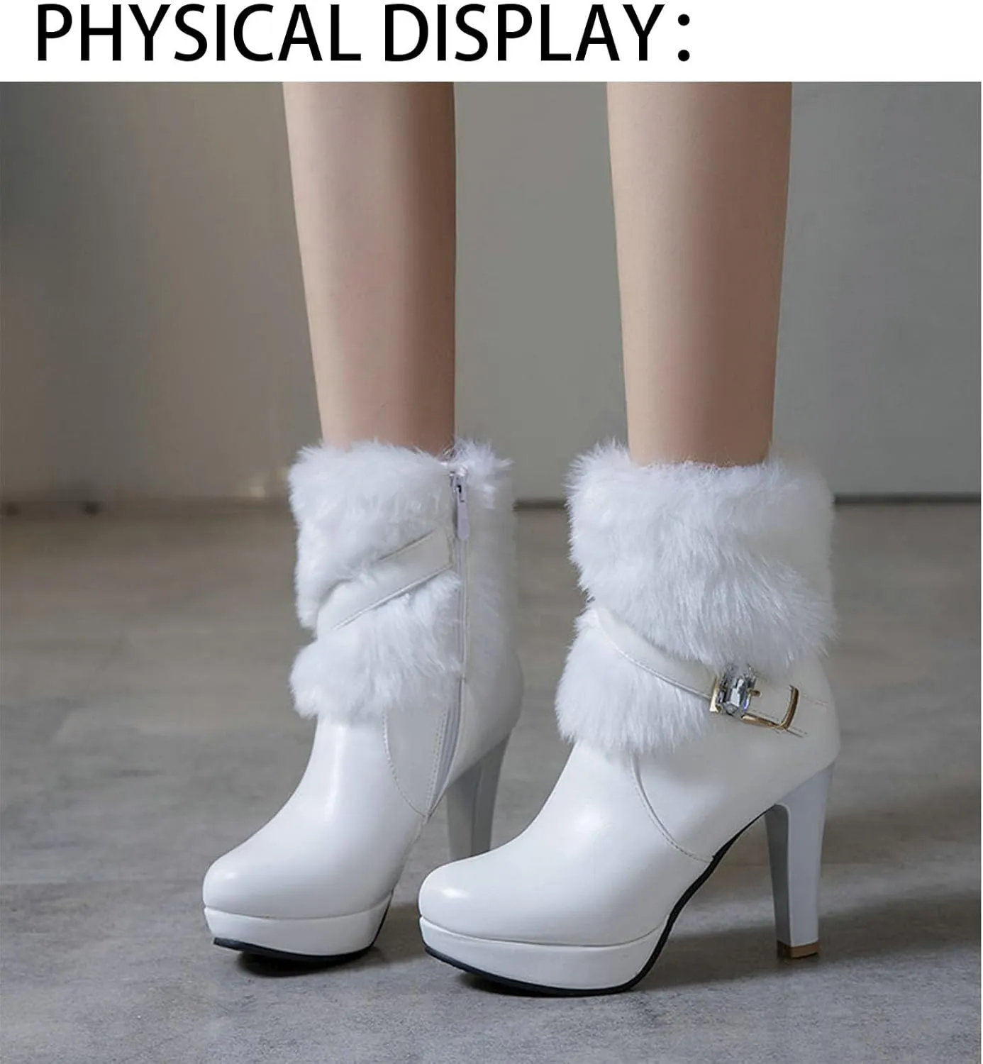 Women's Winter Fur Lined Platform High Heels Ankle Boots With Rhinestones Belt Buckle Warm Plush Side Zipper Fashion Chunky High Heel Round Toe Santa Booties