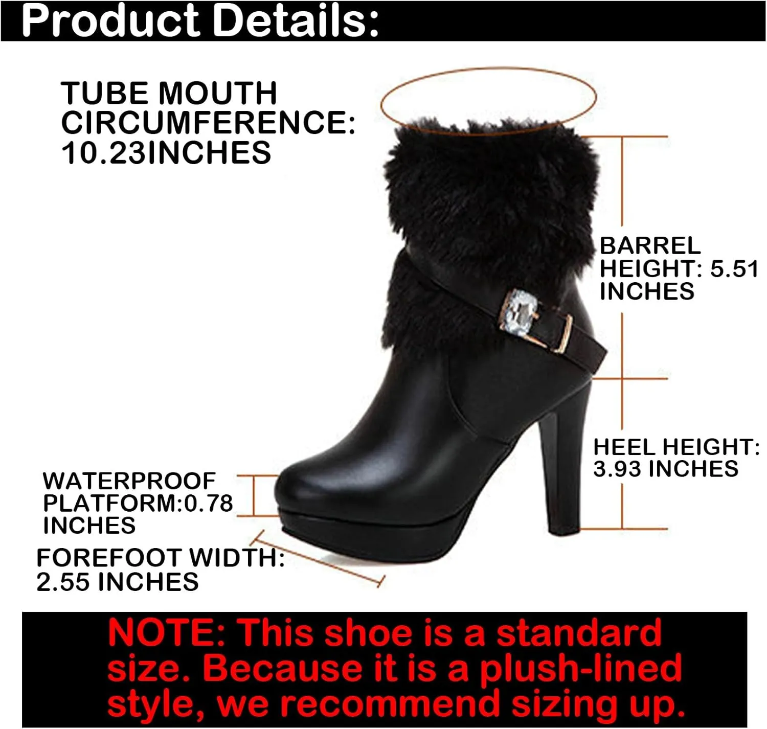 Women's Winter Fur Lined Platform High Heels Ankle Boots With Rhinestones Belt Buckle Warm Plush Side Zipper Fashion Chunky High Heel Round Toe Santa Booties