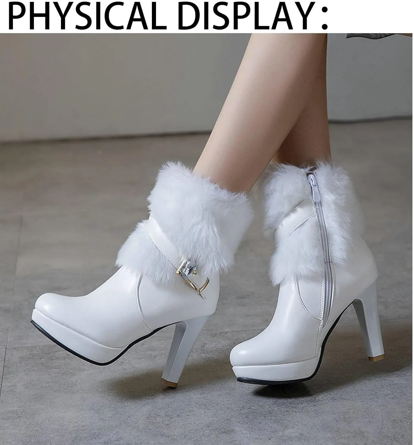 Women's Winter Fur Lined Platform High Heels Ankle Boots With Rhinestones Belt Buckle Warm Plush Side Zipper Fashion Chunky High Heel Round Toe Santa Booties
