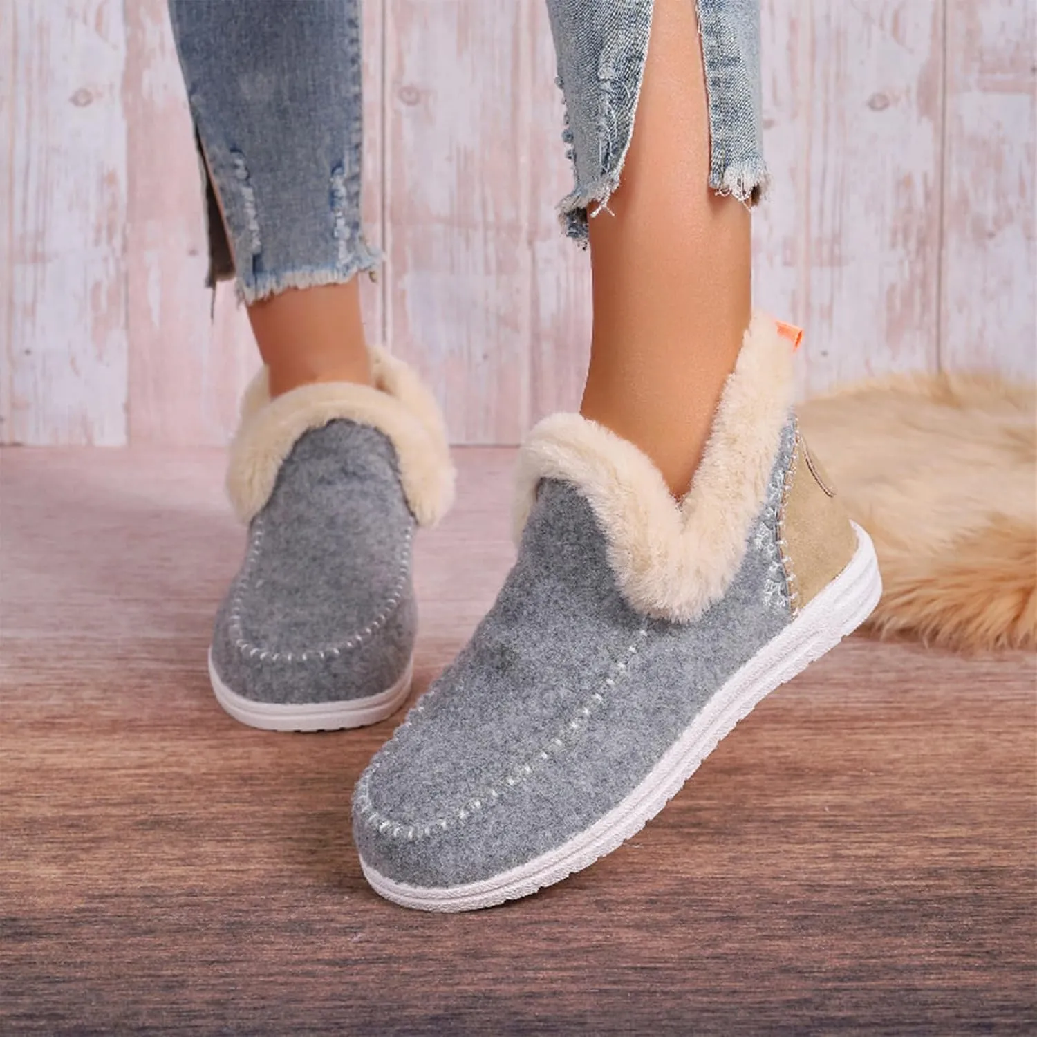 Women's Winter Plush Lined Flat Shoes,Soft Plush Slip-on Sneakers for Cozy Feet,Faux Fur Lining Anti-Slip Ankle Boots