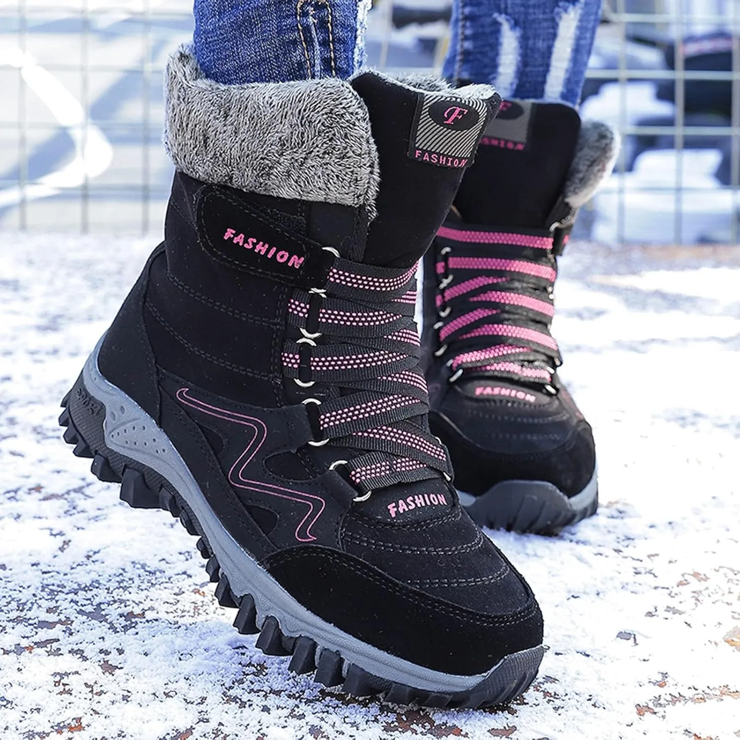 Women's Winter Snow Boots Waterproof Ankle booties Fur Lined Warm Ski Boots Outdoor Hiking Boots Lace Up Short Boots