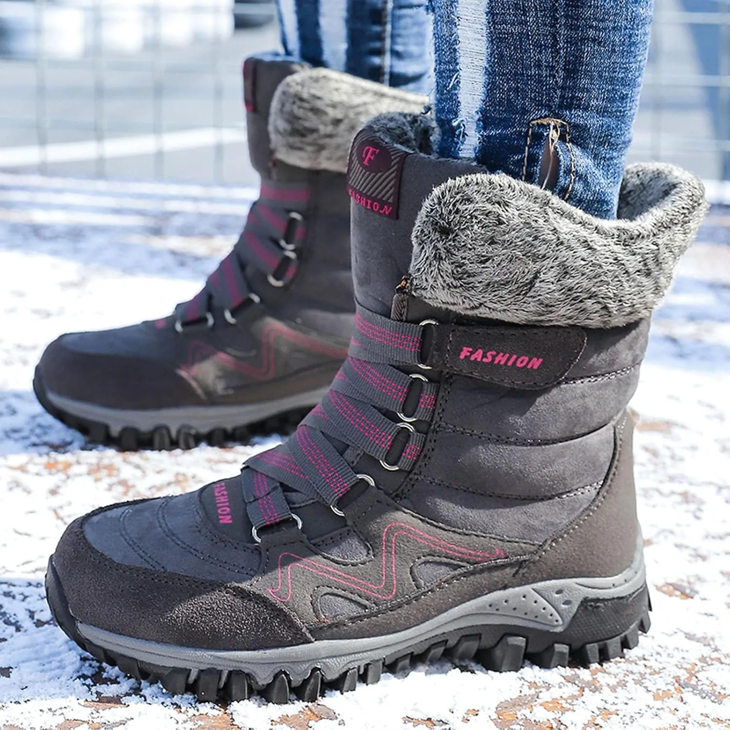 Women's Winter Snow Boots Waterproof Ankle booties Fur Lined Warm Ski Boots Outdoor Hiking Boots Lace Up Short Boots