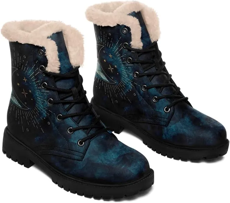 Womens Winter Sun And Moon Ankle Boots Fur Lined Warm Comfortable Snow Boots Lace up No Heel Short Waterproof Winter Boots For Women