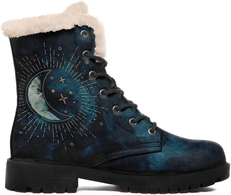 Womens Winter Sun And Moon Ankle Boots Fur Lined Warm Comfortable Snow Boots Lace up No Heel Short Waterproof Winter Boots For Women