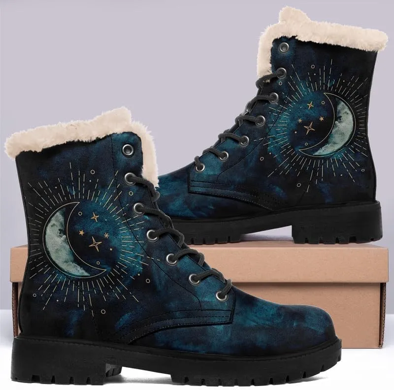 Womens Winter Sun And Moon Ankle Boots Fur Lined Warm Comfortable Snow Boots Lace up No Heel Short Waterproof Winter Boots For Women
