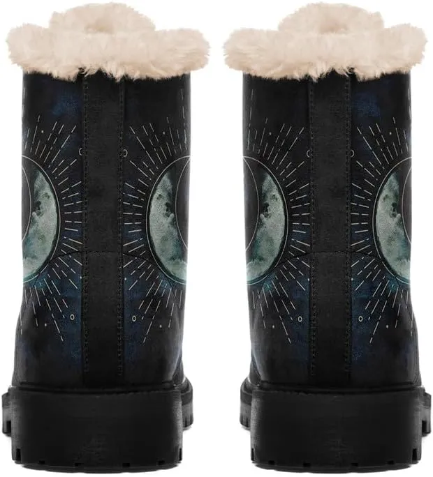 Womens Winter Sun And Moon Ankle Boots Fur Lined Warm Comfortable Snow Boots Lace up No Heel Short Waterproof Winter Boots For Women