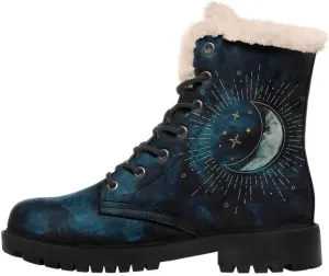 Womens Winter Sun And Moon Ankle Boots Fur Lined Warm Comfortable Snow Boots Lace up No Heel Short Waterproof Winter Boots For Women