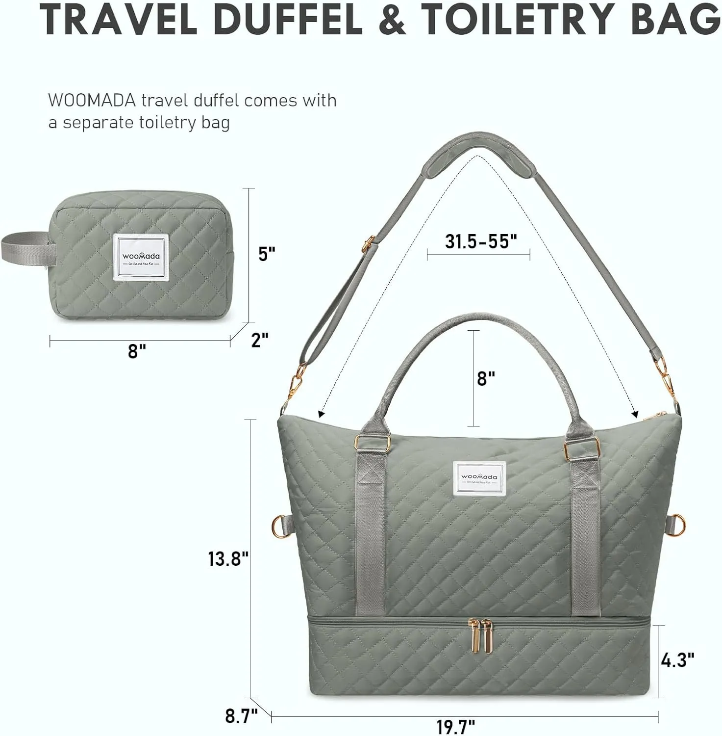 WOOMADA Weekender Bag for Women, Carry on Travel Duffel with Shoes Compartment, Large Size Overnight Duffel with Toiletry Bag(army green)