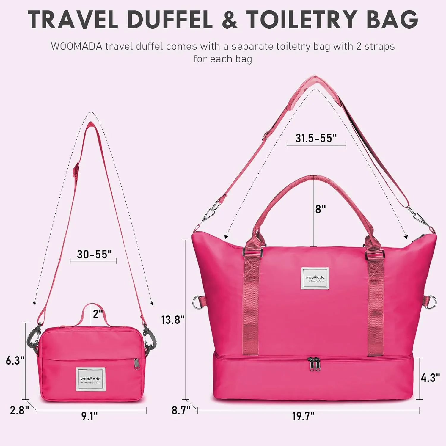 WOOMADA Weekender Overnight Bag for Women, Shoulder Travel Duffel with Shoes Compartment,Gym Bag with Toiletry Bag