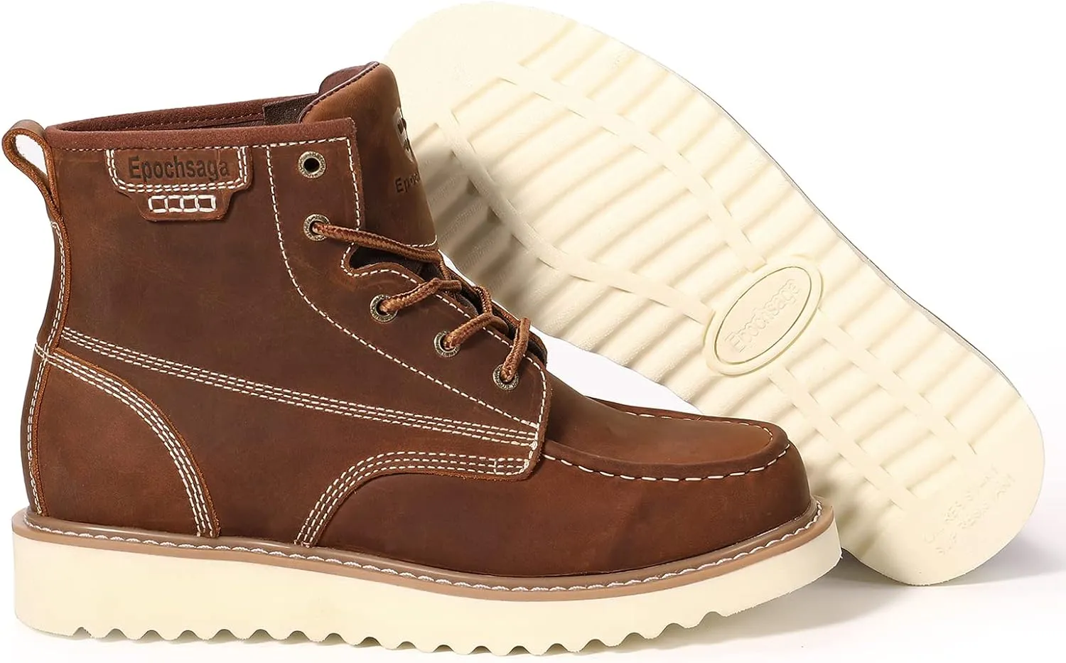 Work Boots Soft Moc Toe for Men,Ankle Fashion Wedge Casual Industrial Construction Non Slip Water Resistant Full Grain Leather Insulated Shoes Brown 6 Inch