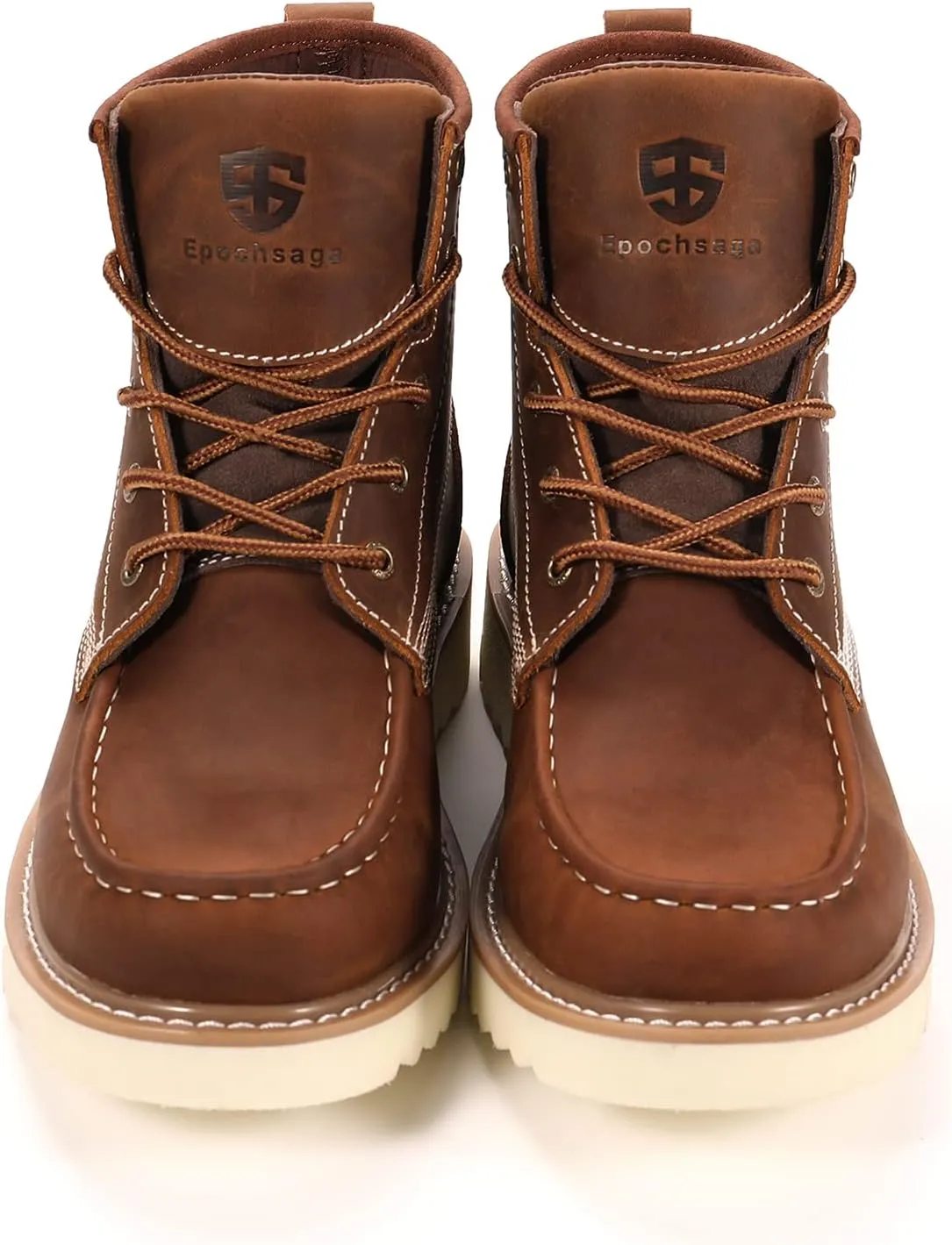Work Boots Soft Moc Toe for Men,Ankle Fashion Wedge Casual Industrial Construction Non Slip Water Resistant Full Grain Leather Insulated Shoes Brown 6 Inch