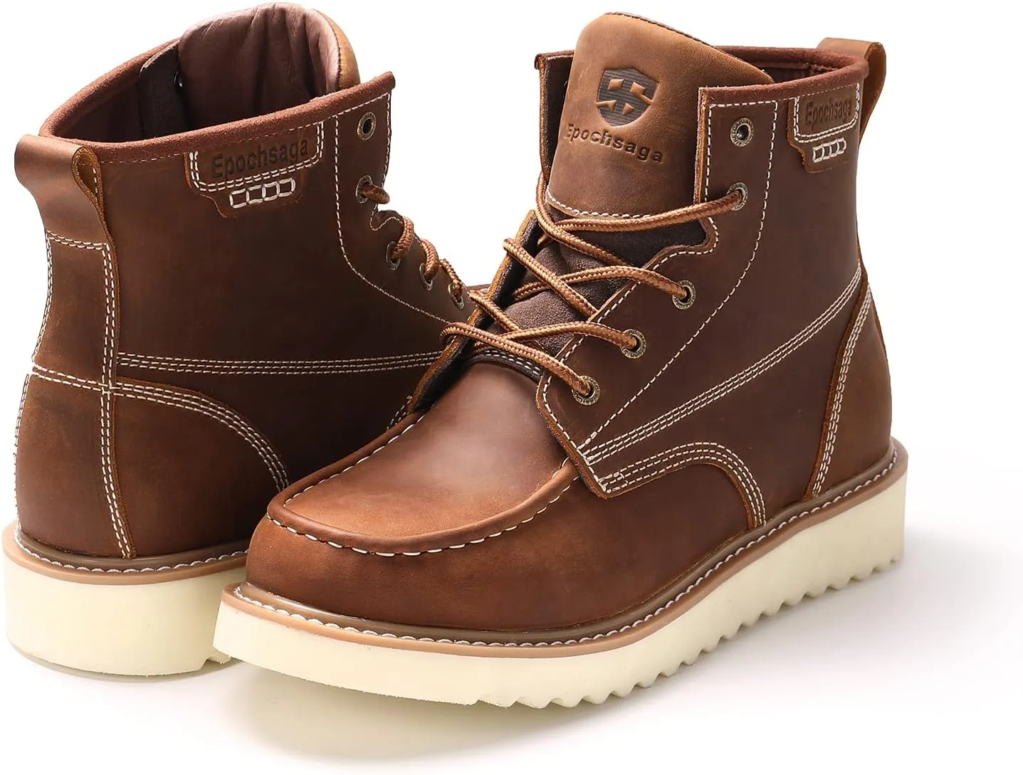 Work Boots Soft Moc Toe for Men,Ankle Fashion Wedge Casual Industrial Construction Non Slip Water Resistant Full Grain Leather Insulated Shoes Brown 6 Inch