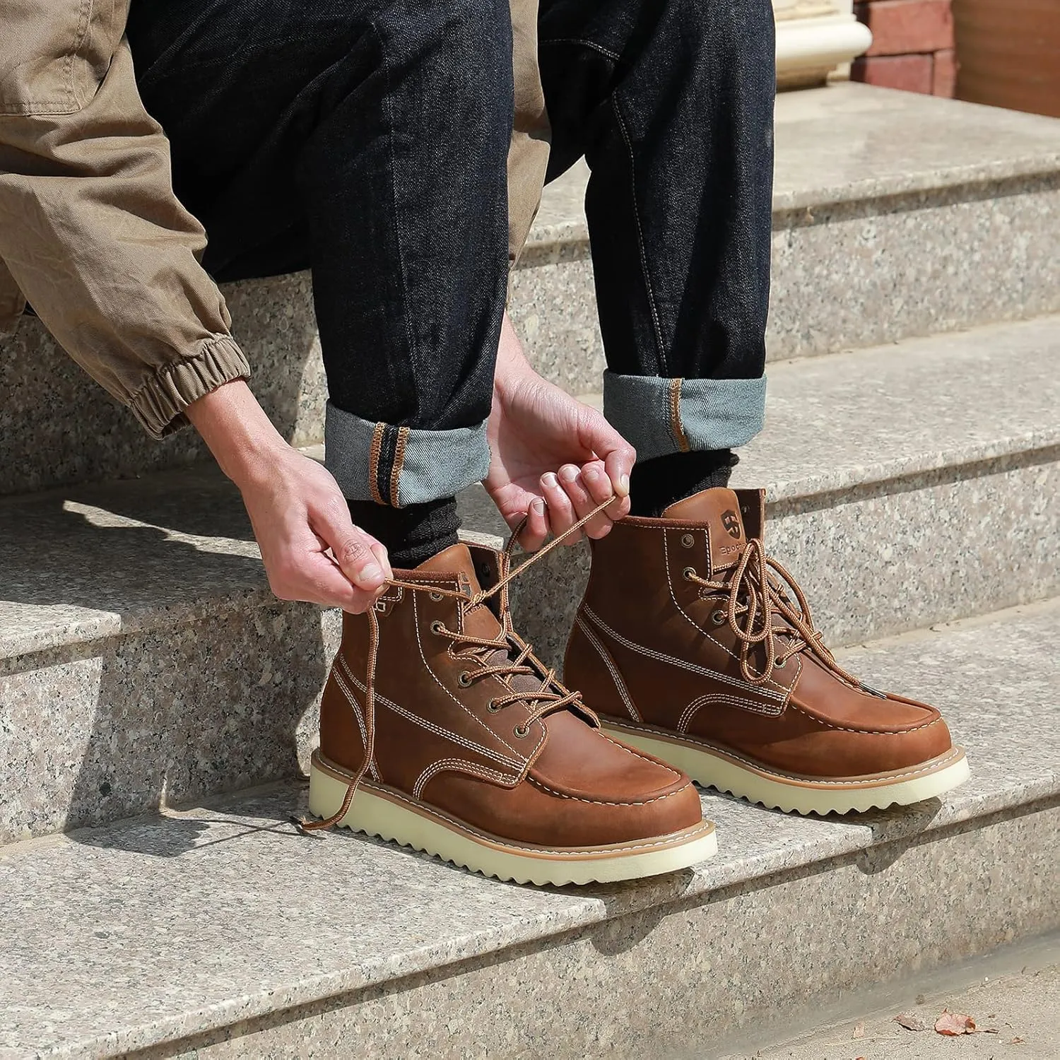 Work Boots Soft Moc Toe for Men,Ankle Fashion Wedge Casual Industrial Construction Non Slip Water Resistant Full Grain Leather Insulated Shoes Brown 6 Inch