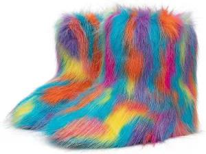 yamerbo Faux Fur Boots for Little Girls Women, Fuzzy Flurry Furry Winter Mid-Calf Snow Shoes, Round Toe Suede Winter Comfy Plush Warm Short Snow Bootie Flat Shoes for Women