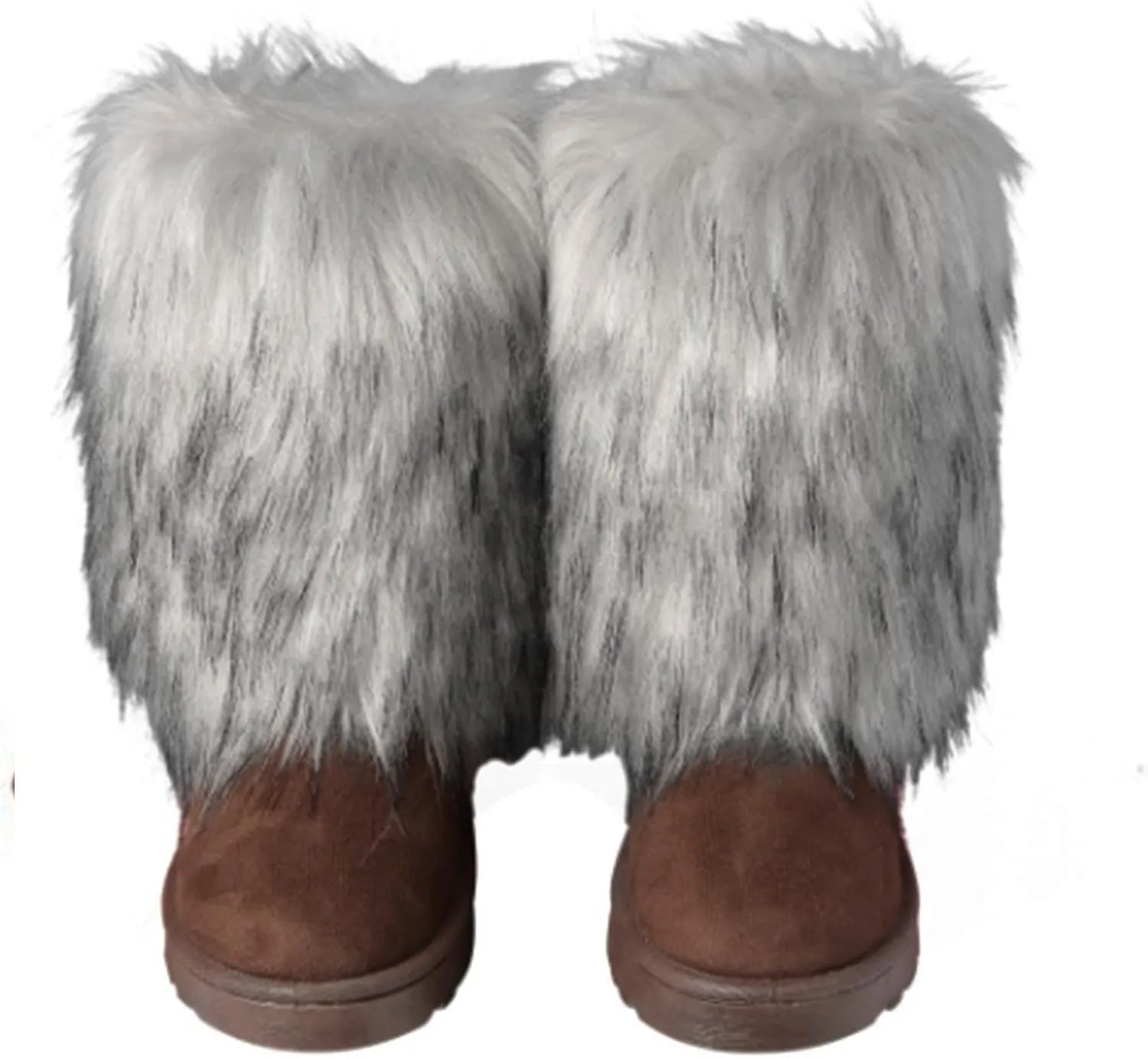 yamerbo Faux Fur Boots for Women, Fuzzy Flurry Furry Leg Warm Boots, Winter Mid-Calf Snow Shoes, Round Toe Suede Winter Warm Flat Short Boots for Outdoors