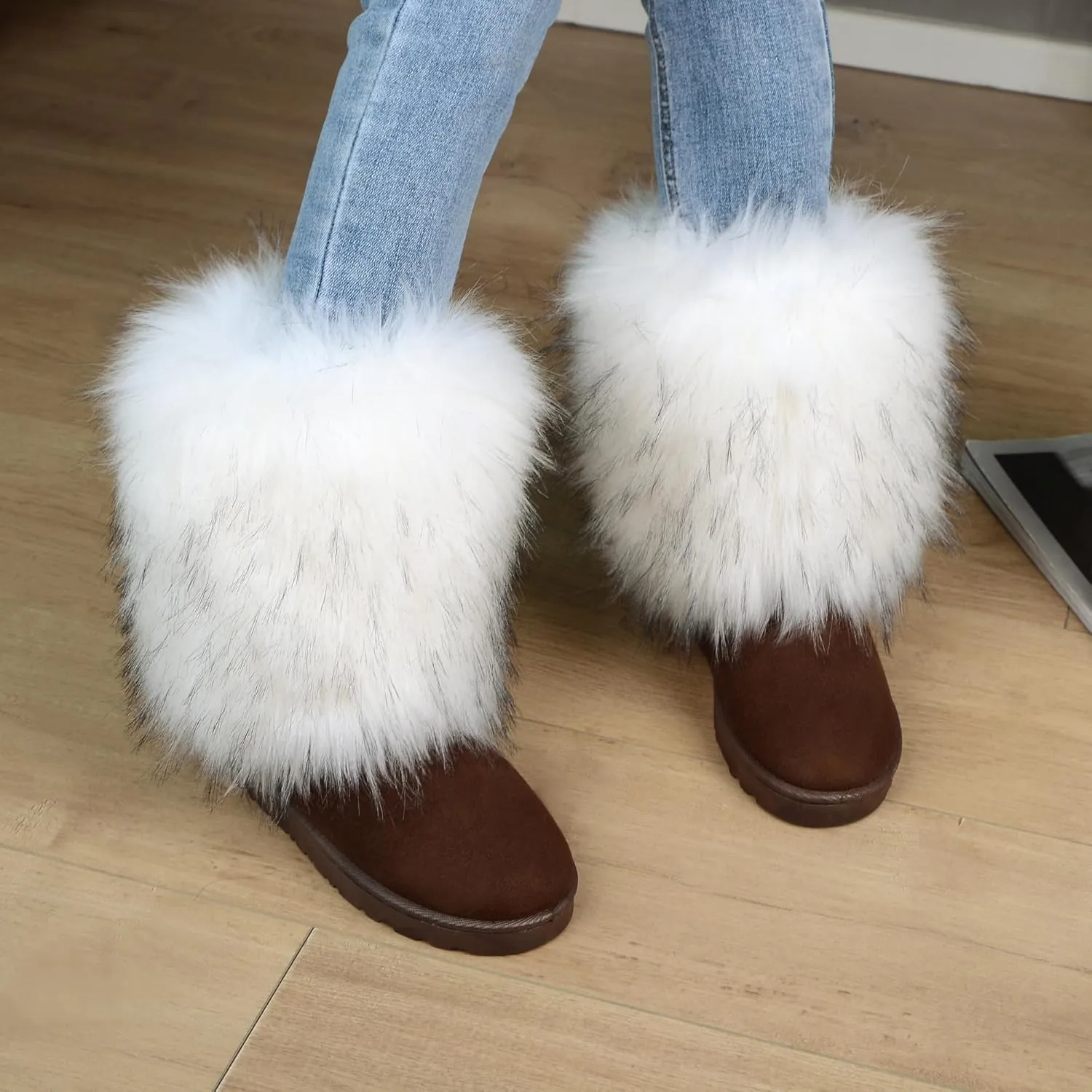 yamerbo Faux Fur Boots for Women, Fuzzy Flurry Furry Leg Warm Boots, Winter Mid-Calf Snow Shoes, Round Toe Suede Winter Warm Flat Short Boots for Outdoors
