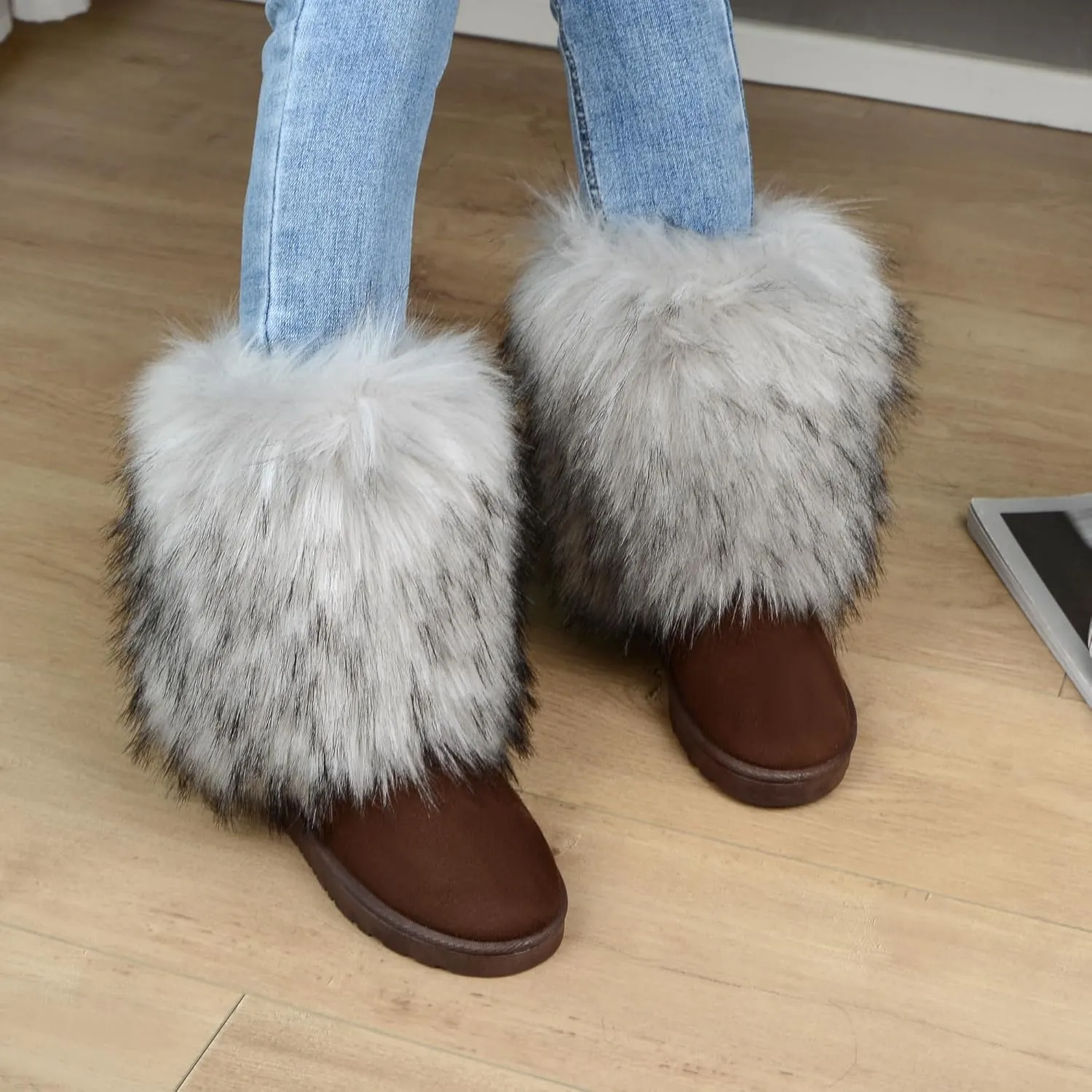 yamerbo Faux Fur Boots for Women, Fuzzy Flurry Furry Leg Warm Boots, Winter Mid-Calf Snow Shoes, Round Toe Suede Winter Warm Flat Short Boots for Outdoors