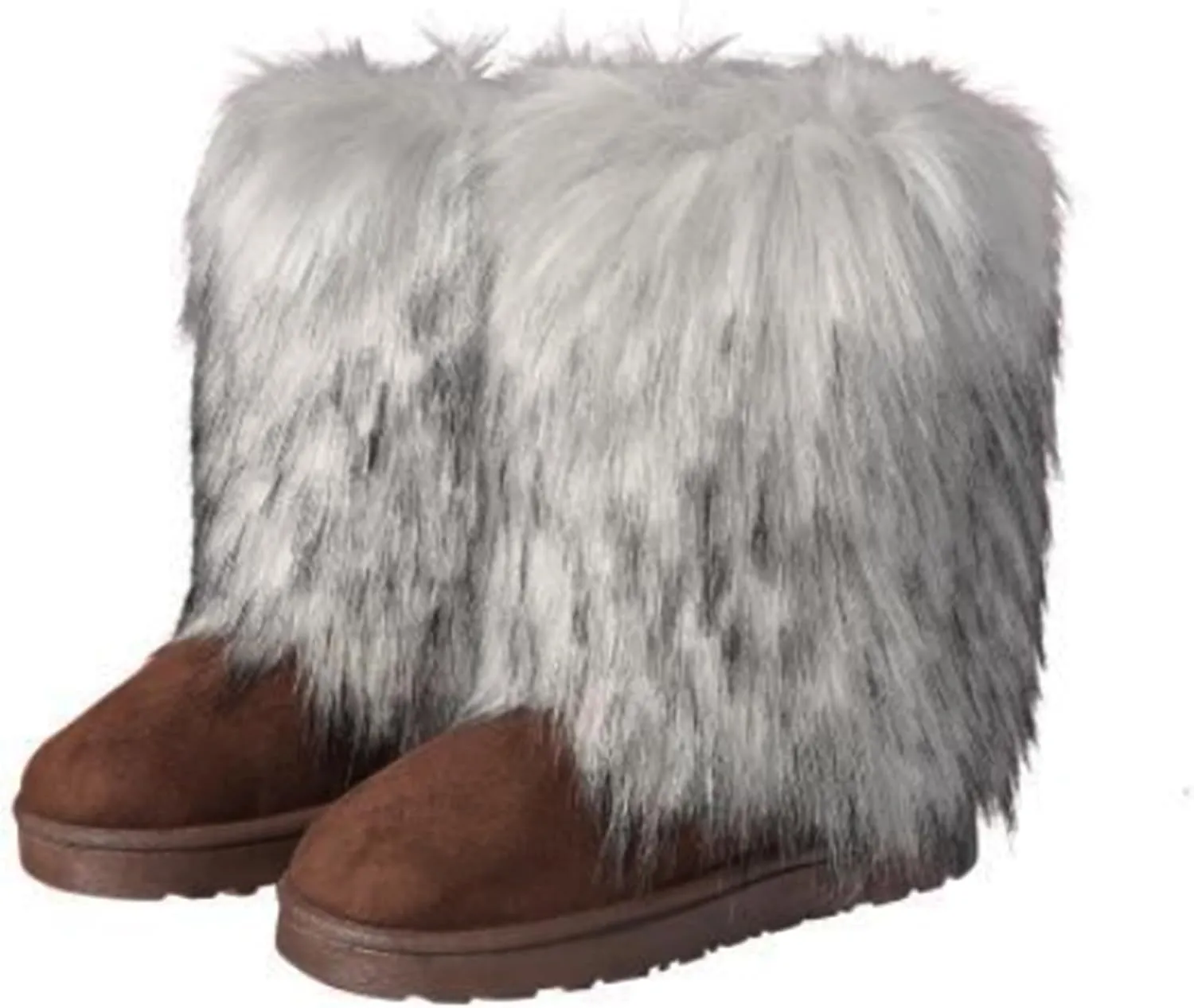 yamerbo Faux Fur Boots for Women, Fuzzy Flurry Furry Leg Warm Boots, Winter Mid-Calf Snow Shoes, Round Toe Suede Winter Warm Flat Short Boots for Outdoors