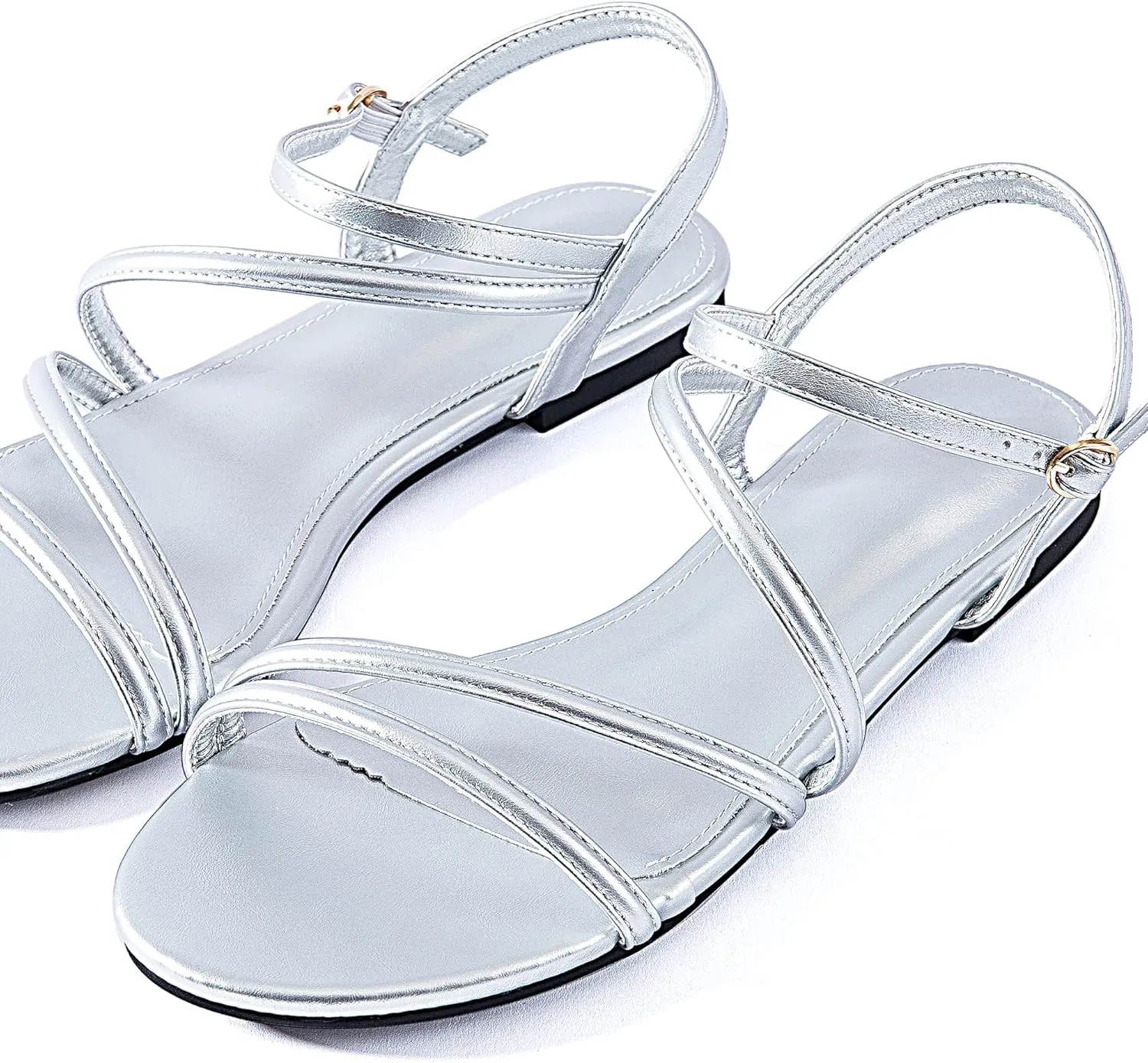 YANWENFANG Women Strappy Flat Sandals, Leather Dressy Summer Slides