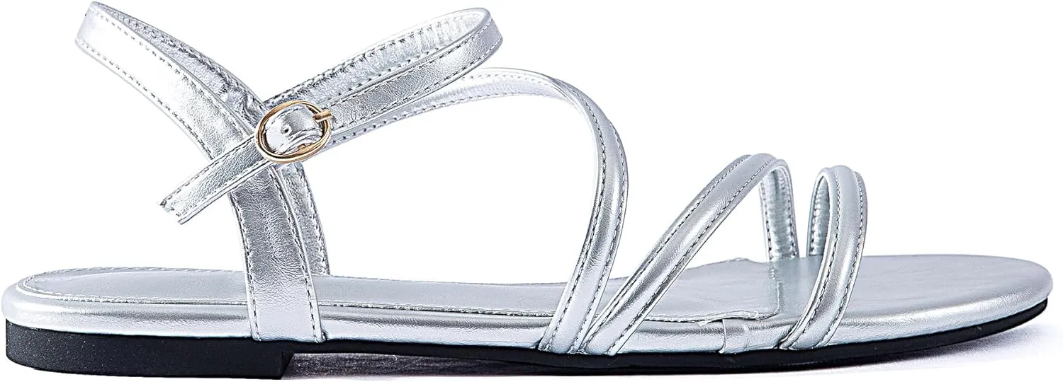 YANWENFANG Women Strappy Flat Sandals, Leather Dressy Summer Slides