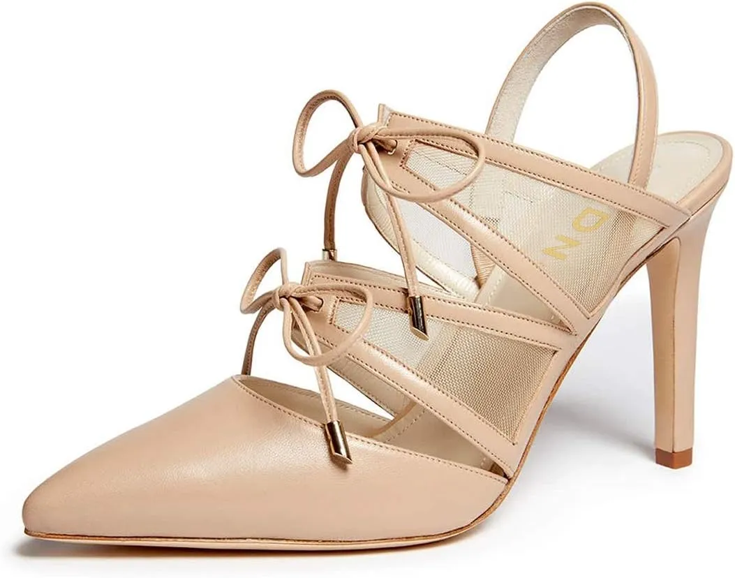 YDN Women Fashion Pointed Toe Stiletto High Heel Mesh Strappy Dress Sandals Bowknots Lace up Slingback Party Pumps Shoes Size 12 Wheat