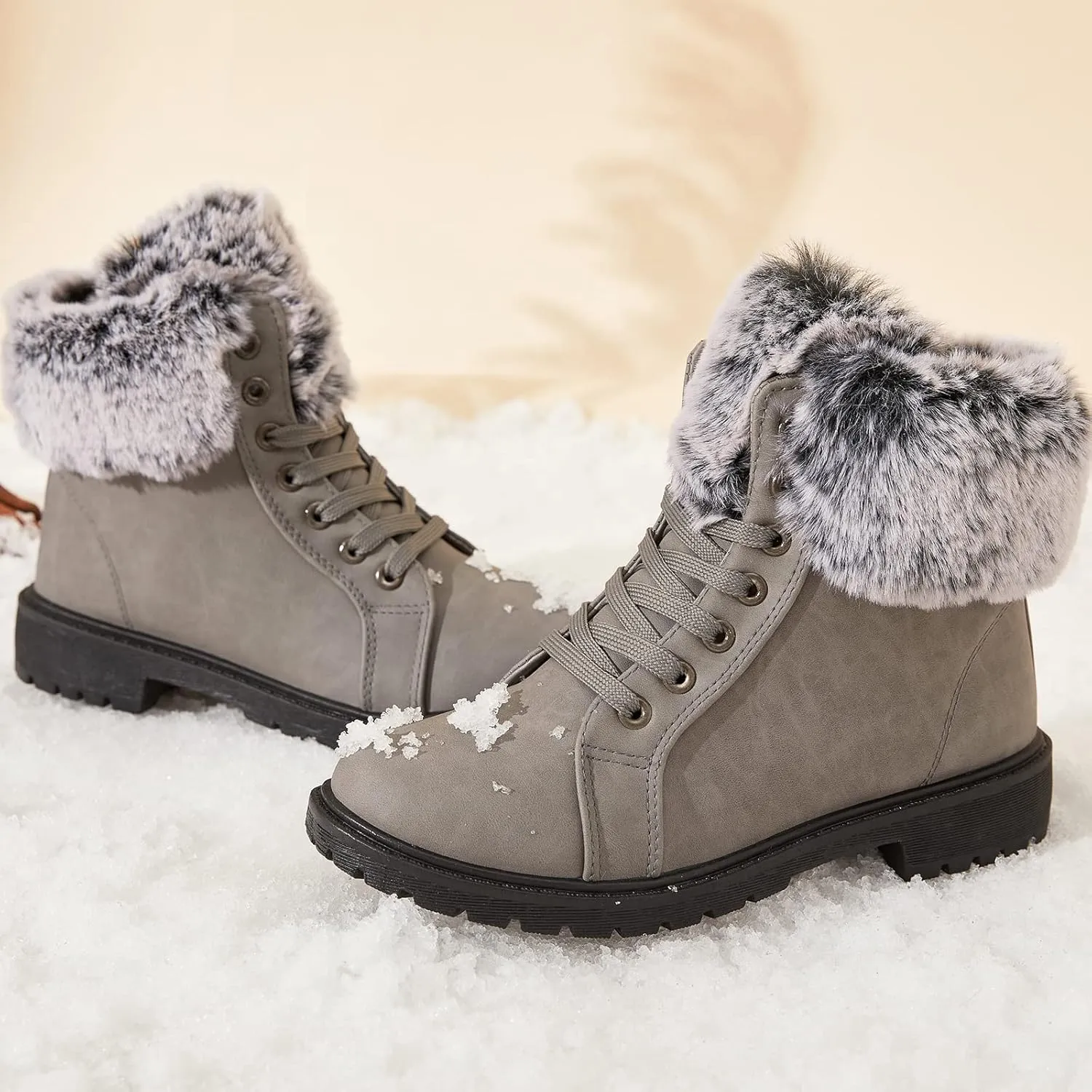 yegeyan Womens Snow Boots PU Winter Ankle Booties Fur Lined Anti-Slip Combat Boots