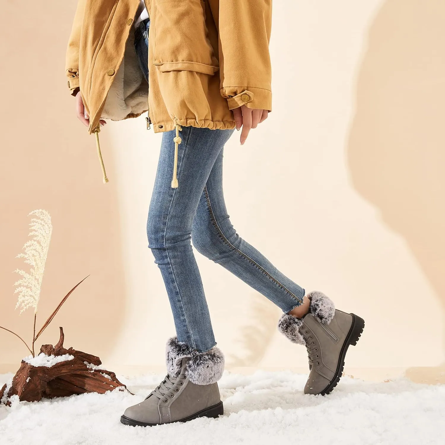 yegeyan Womens Snow Boots PU Winter Ankle Booties Fur Lined Anti-Slip Combat Boots