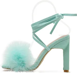 YIBLBOX Women's Feather Heels Open Toe Sandal Fluffy Fur High Heel Shoes Ankle Cross Strappy Stiletto Pump for Wedding Party Dance Evening