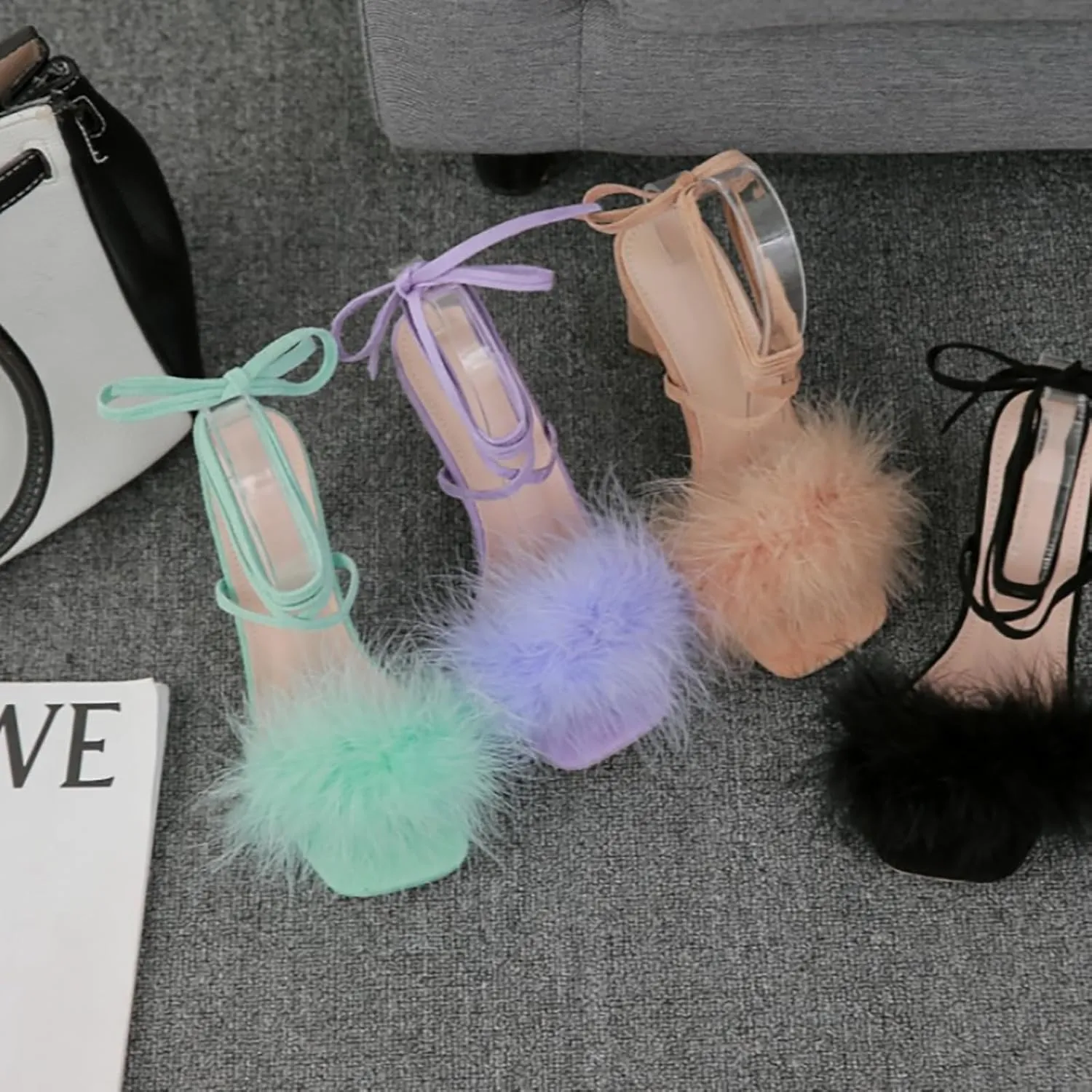 YIBLBOX Women's Feather Heels Open Toe Sandal Fluffy Fur High Heel Shoes Ankle Cross Strappy Stiletto Pump for Wedding Party Dance Evening