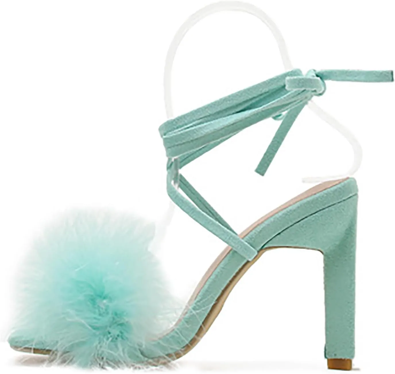YIBLBOX Women's Feather Heels Open Toe Sandal Fluffy Fur High Heel Shoes Ankle Cross Strappy Stiletto Pump for Wedding Party Dance Evening