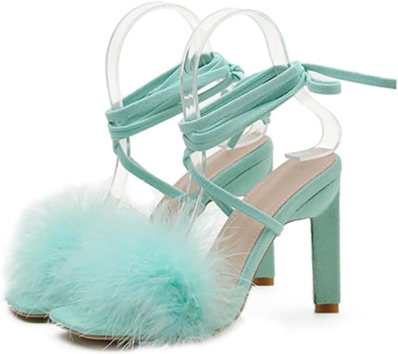 YIBLBOX Women's Feather Heels Open Toe Sandal Fluffy Fur High Heel Shoes Ankle Cross Strappy Stiletto Pump for Wedding Party Dance Evening