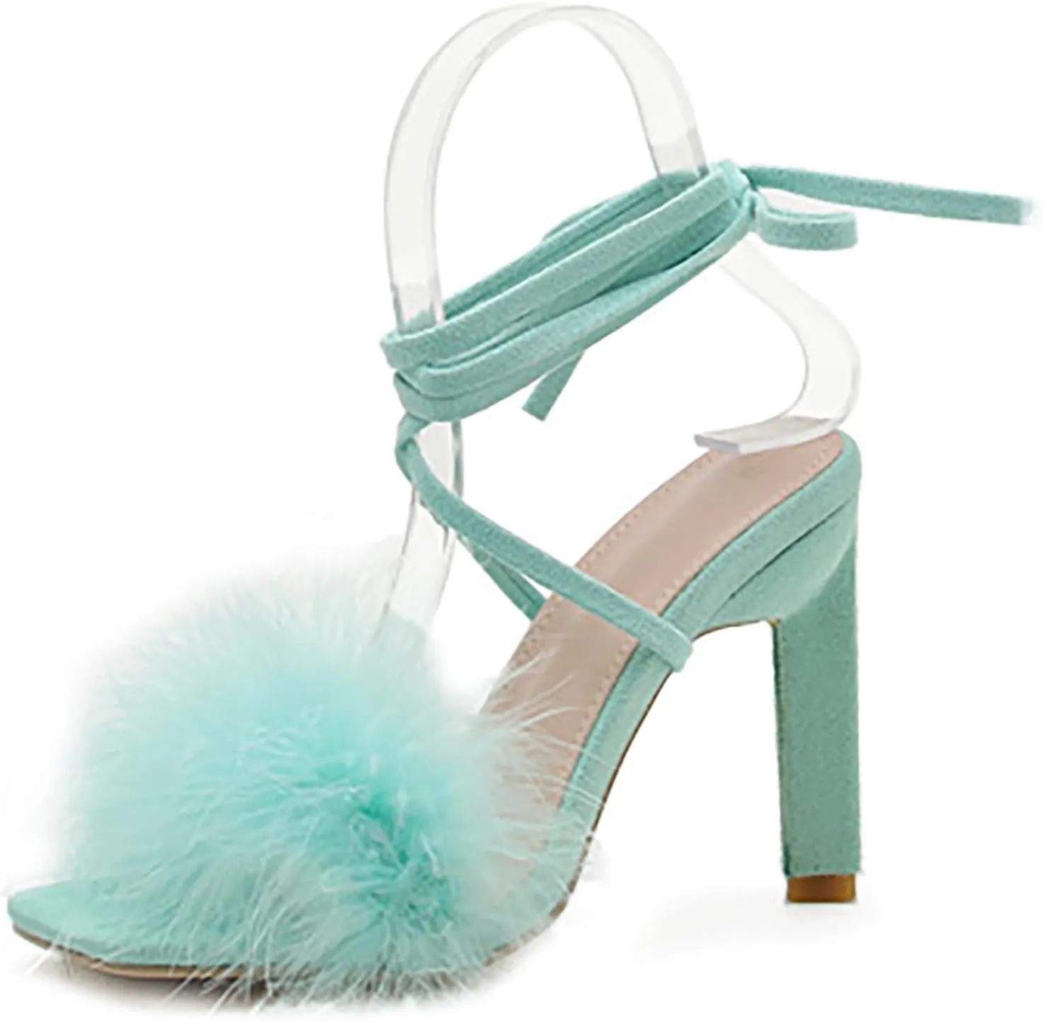 YIBLBOX Women's Feather Heels Open Toe Sandal Fluffy Fur High Heel Shoes Ankle Cross Strappy Stiletto Pump for Wedding Party Dance Evening