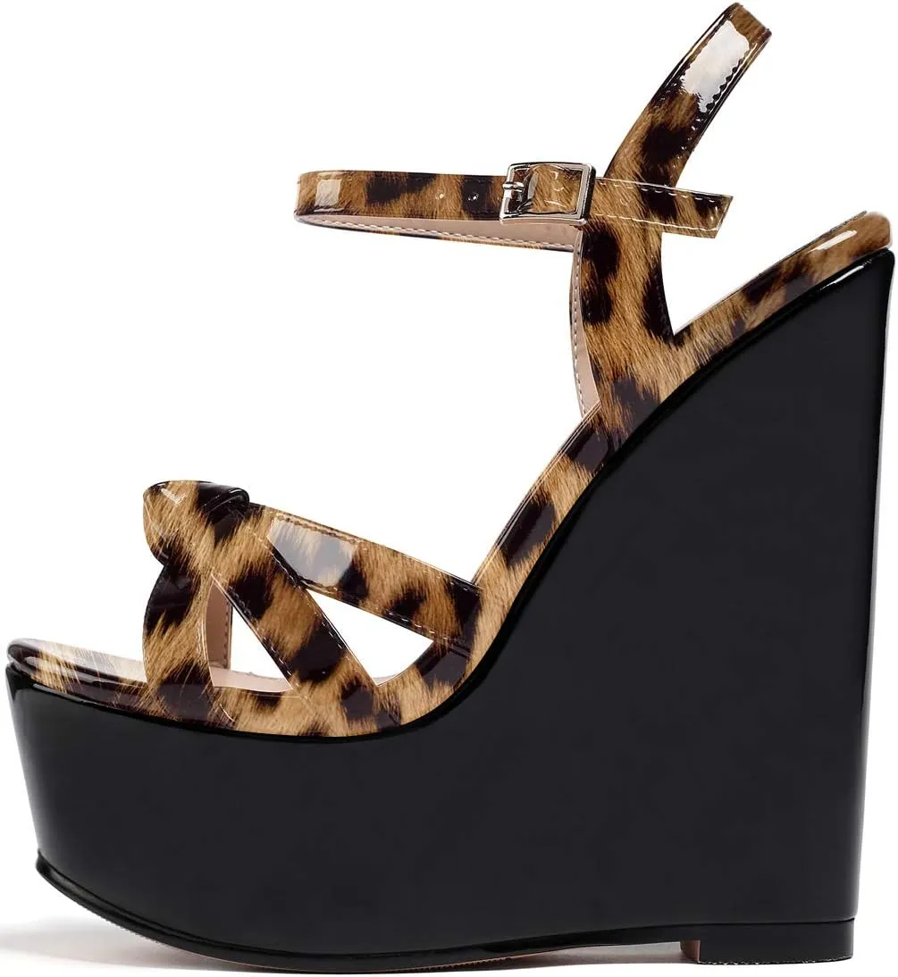 YODEKS Women's Wedge Heel Sandals Sexy Platform Open Toe Ankle Strap Fashion Mary Jane Summer Dress Patent Leather Sandals