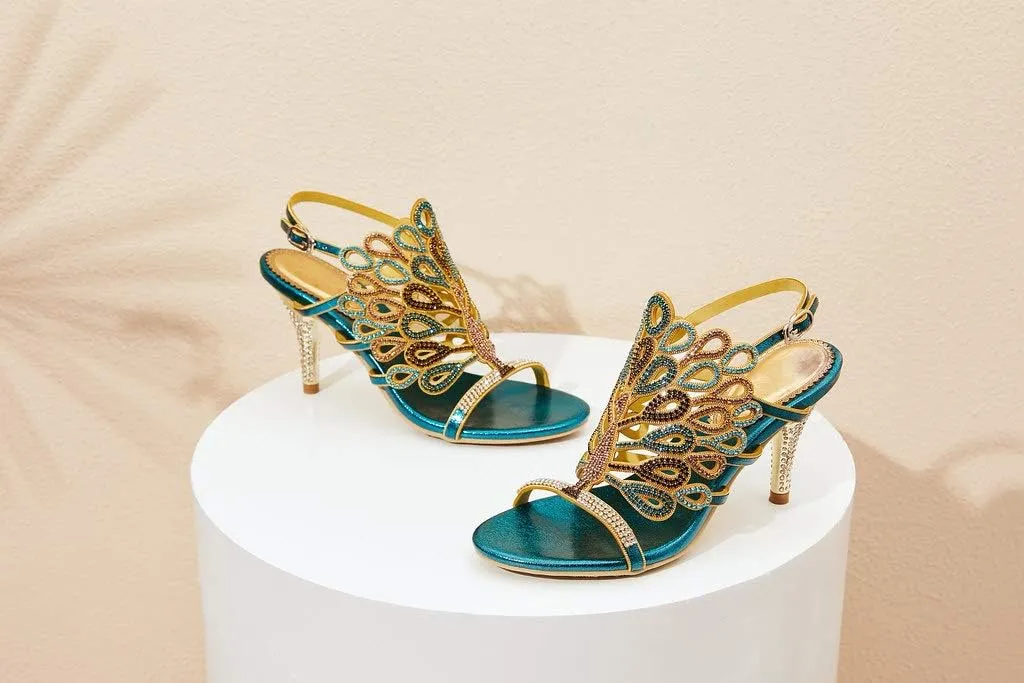YooPrettyz Women Evening Chunky High Heels Rhinestone Peacock Wedding Dress Sandals