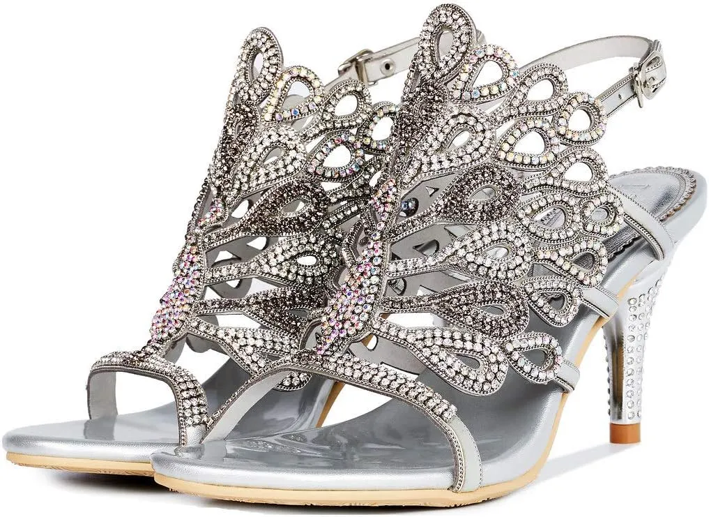 YooPrettyz Women Evening Chunky High Heels Rhinestone Peacock Wedding Dress Sandals
