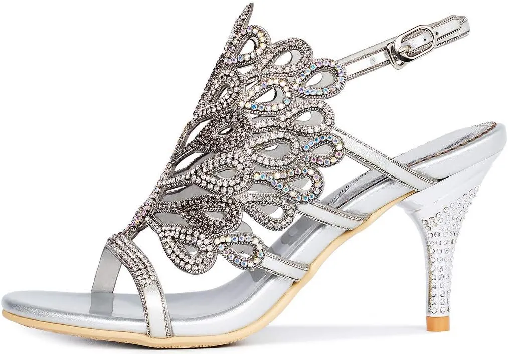 YooPrettyz Women Evening Chunky High Heels Rhinestone Peacock Wedding Dress Sandals