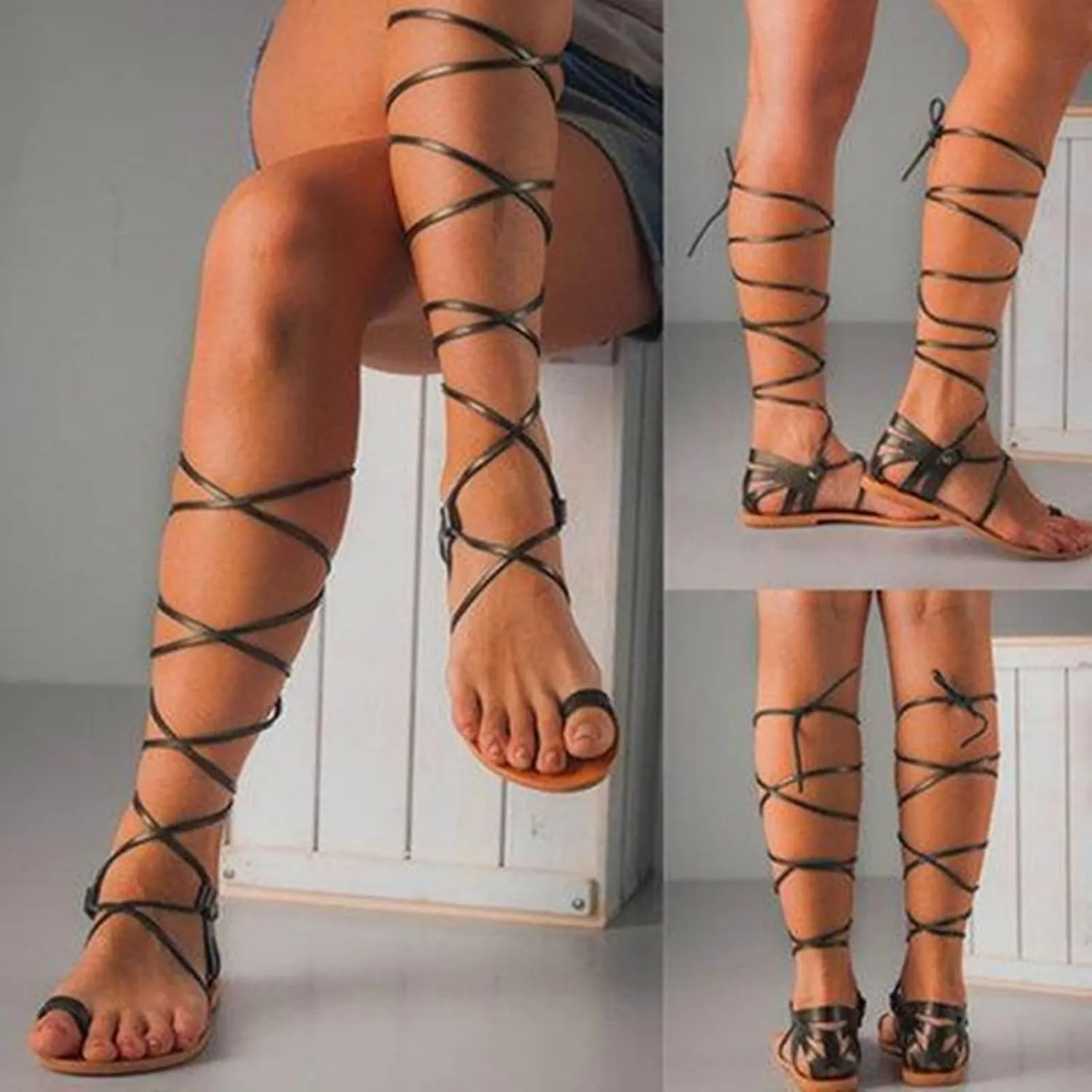 ZBYY Women's Flat Sandals,Summer Strappy Slip on Toe Ring Cross Gladiator Sandals Lace Up Beach Sandals for Women