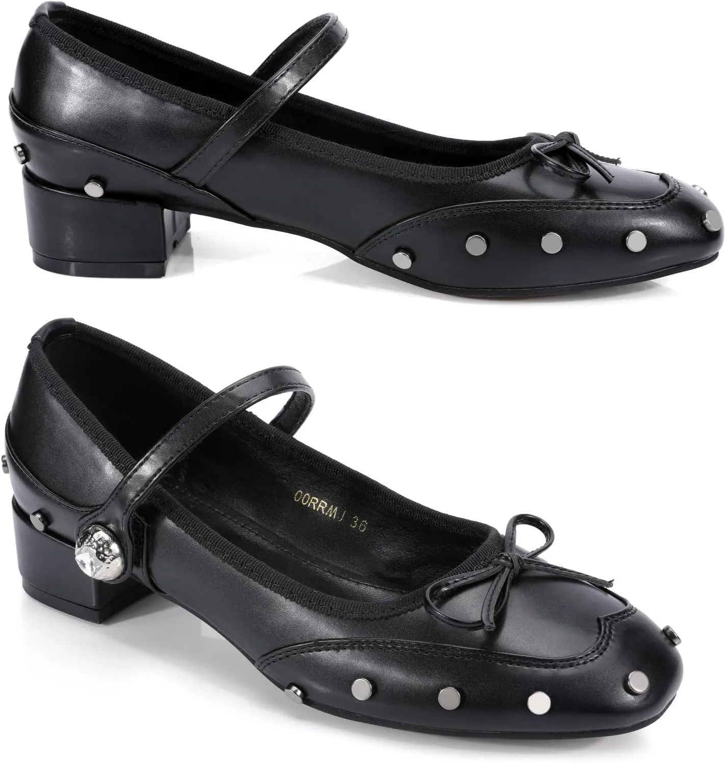 Zelaprox Square Toe Mary Jane Pumps Shoes Rhinestone Buckle Strap with Rivet Studded Closed Toe Chunky Low Heels Commfortable Shoes for Work Dress