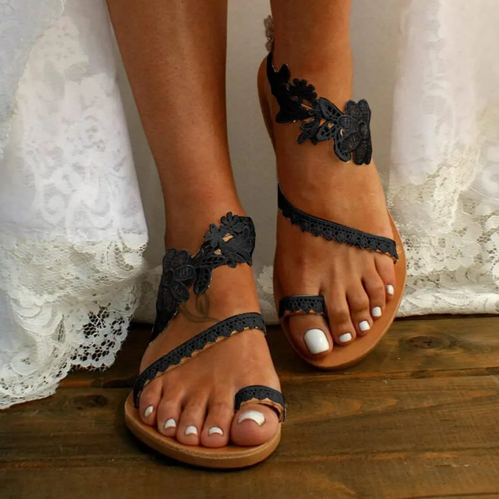 ZSpzx Women's Split Toe Flat Sandals,Summer Comfortable Open Toe Backless Slingback Slides Lace Flower Strappy Dressy Slippers Ladies Fasion Beach Walking Shoes For Travel Indoor Outdoor