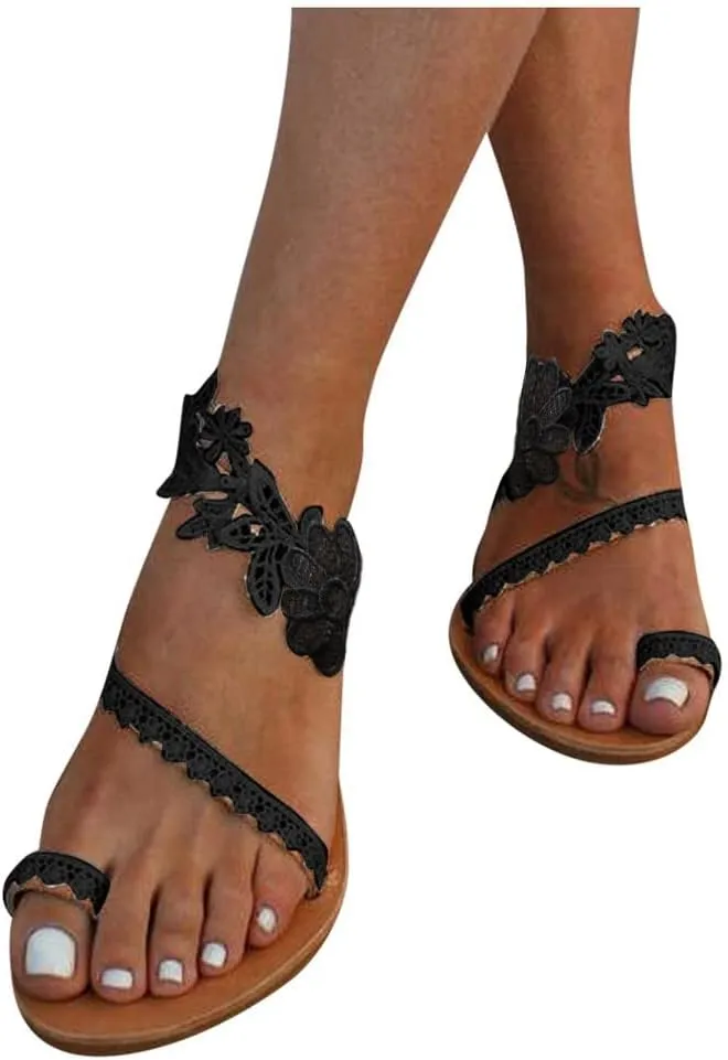 ZSpzx Women's Split Toe Flat Sandals,Summer Comfortable Open Toe Backless Slingback Slides Lace Flower Strappy Dressy Slippers Ladies Fasion Beach Walking Shoes For Travel Indoor Outdoor